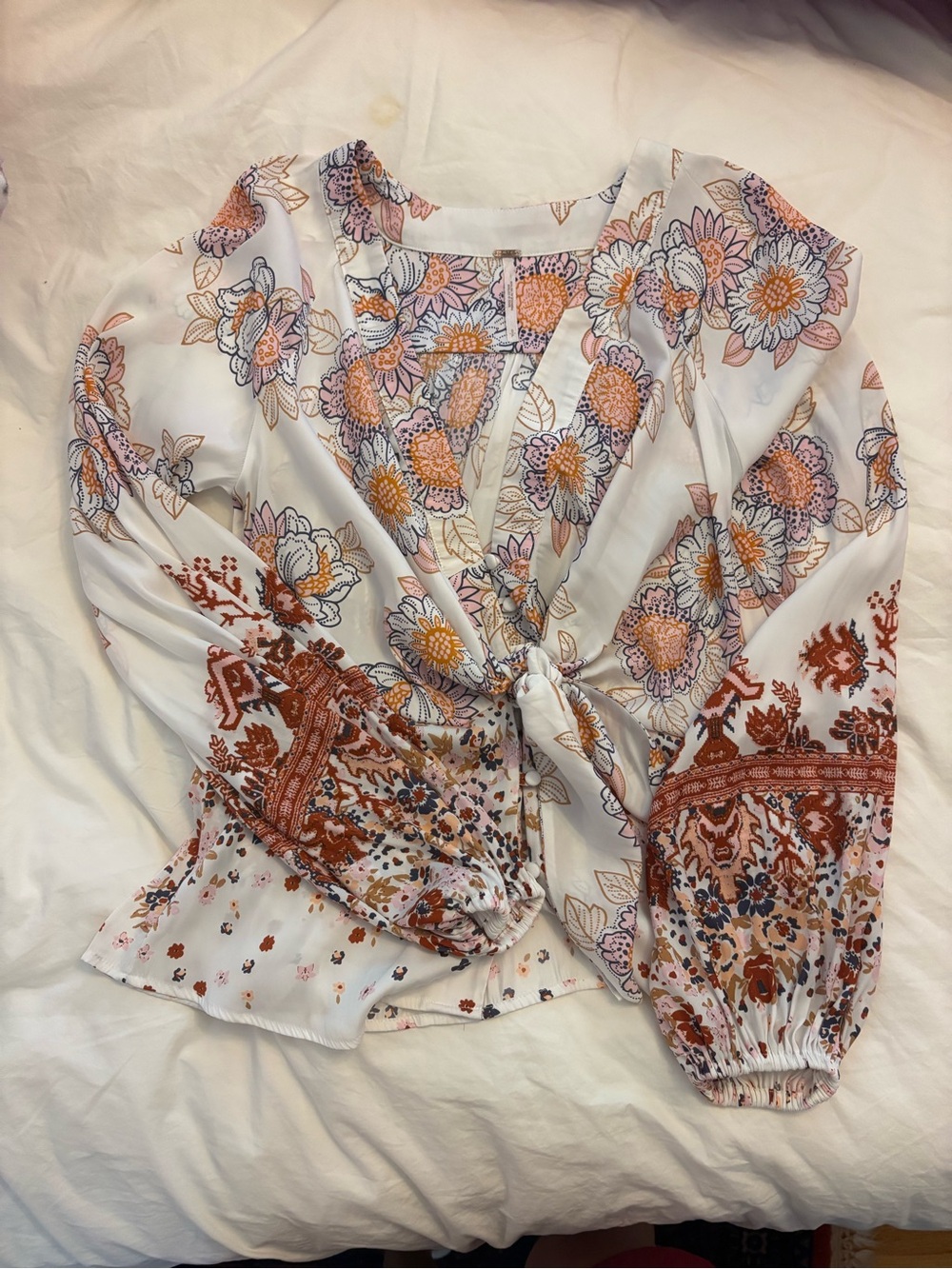 Free People Women's White Floral Tie-Front Top
